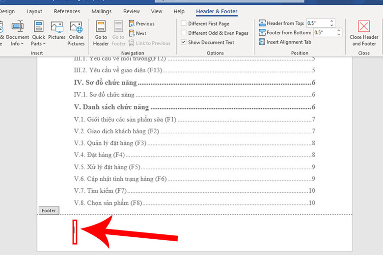 Nháy đúp vào khu vực Footer của trang cần đánh số.