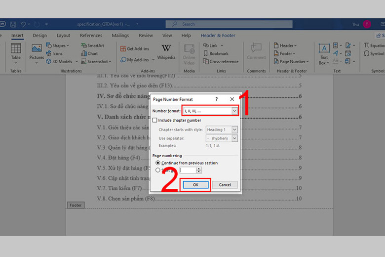 Chọn Insert > Page Number > Format Page Numbers.