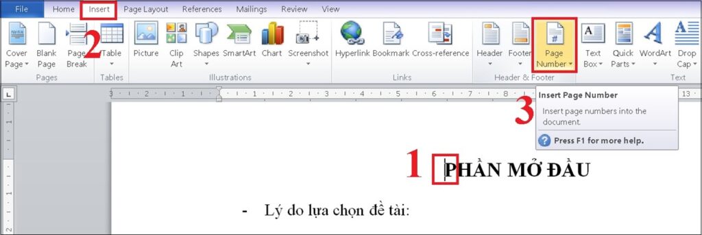 Trên thanh công cụ, truy cập thẻ Insert, sau đó chọn Page Number - cách đánh dấu số trang trong word