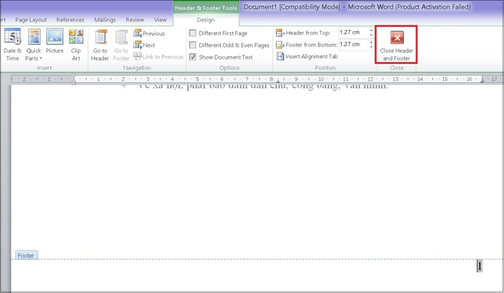 Nhấn Close Header and Footer để kết thúc thao tác - cách đánh dấu số trang trong word
