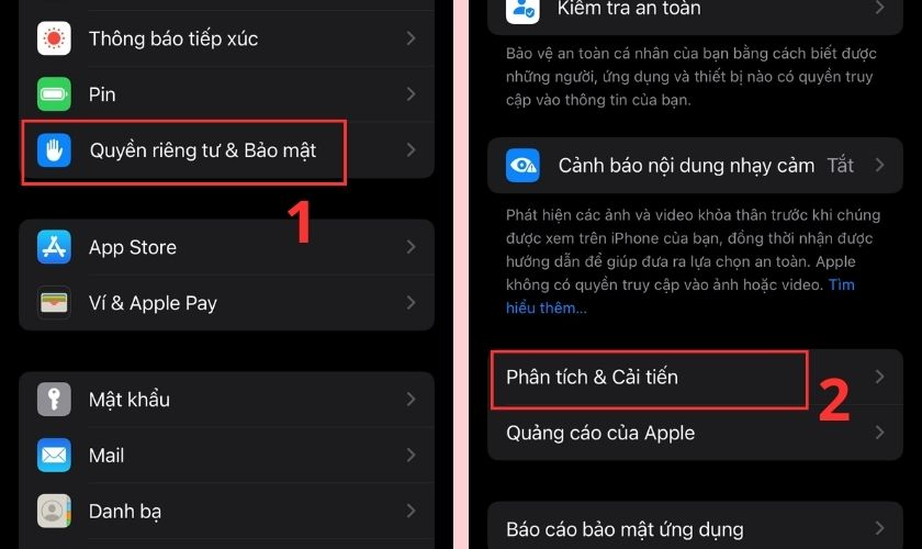 Mở ứng dụng Cài đặt, truy cập mục Quyền riêng tư & Bảo mật, sau đó chọn Phân tích & Cải tiến.
