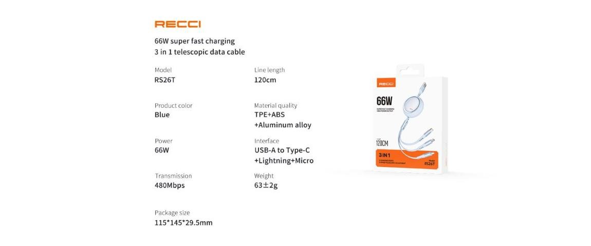 Thông số cáp sạc Recci RS26T